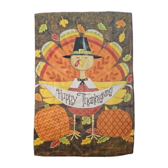 HAPPY THANKSGIVING " 18.5 x 13" GARDEN FLAG Turkey and Pumpkins with fall leaves - Picture 1 of 6